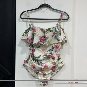 NWOT Kona Sol Floral Tropical One Piece Flounce Swimsuit Medium